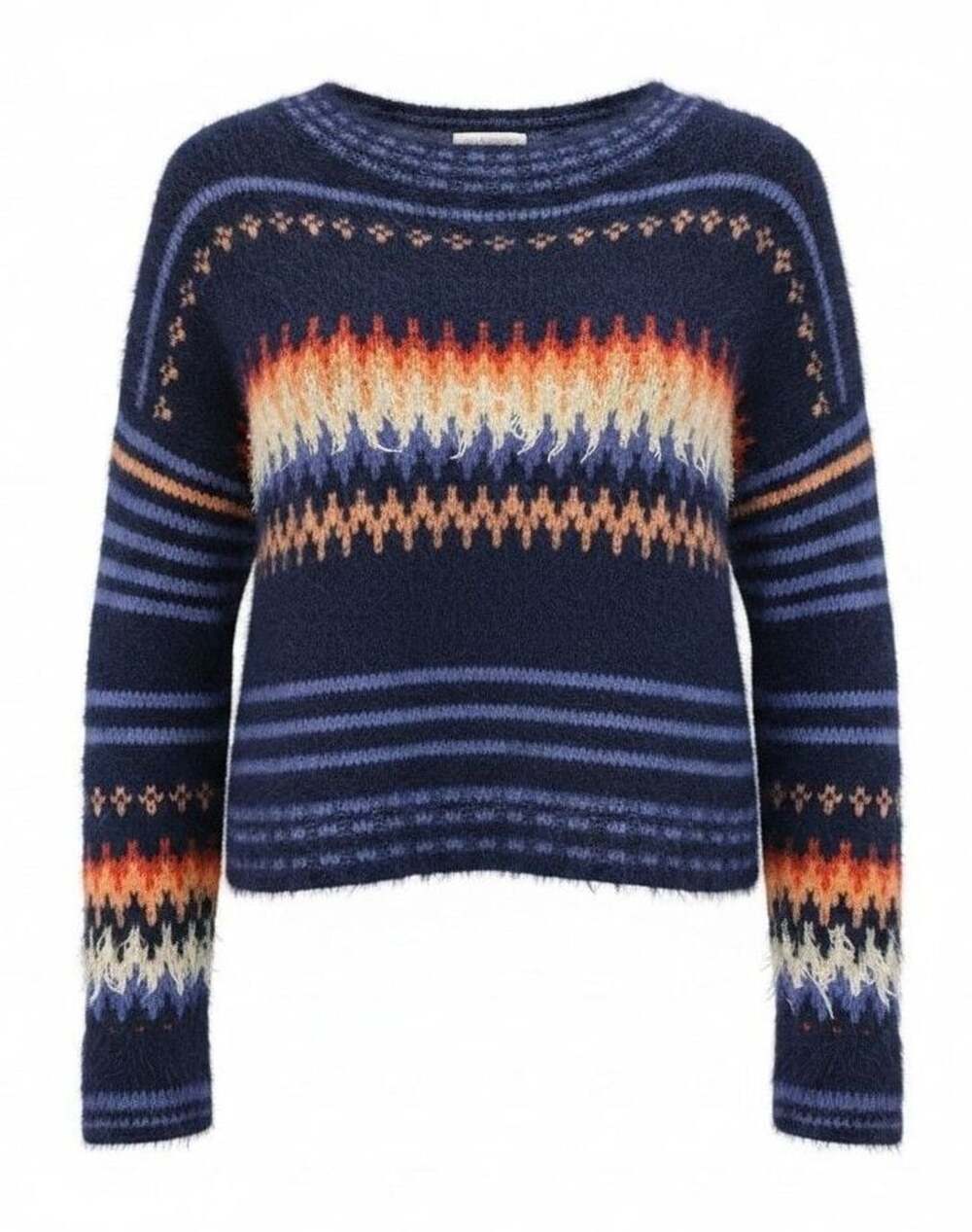 Free People Blue Orange Fair Isle Pullover Fuzzy Sweater Size S